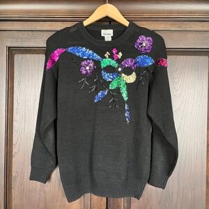 Vintage MISTER NOAH Sequin Colorful Sweater Shoulder Pads 80s Ugly Christmas M